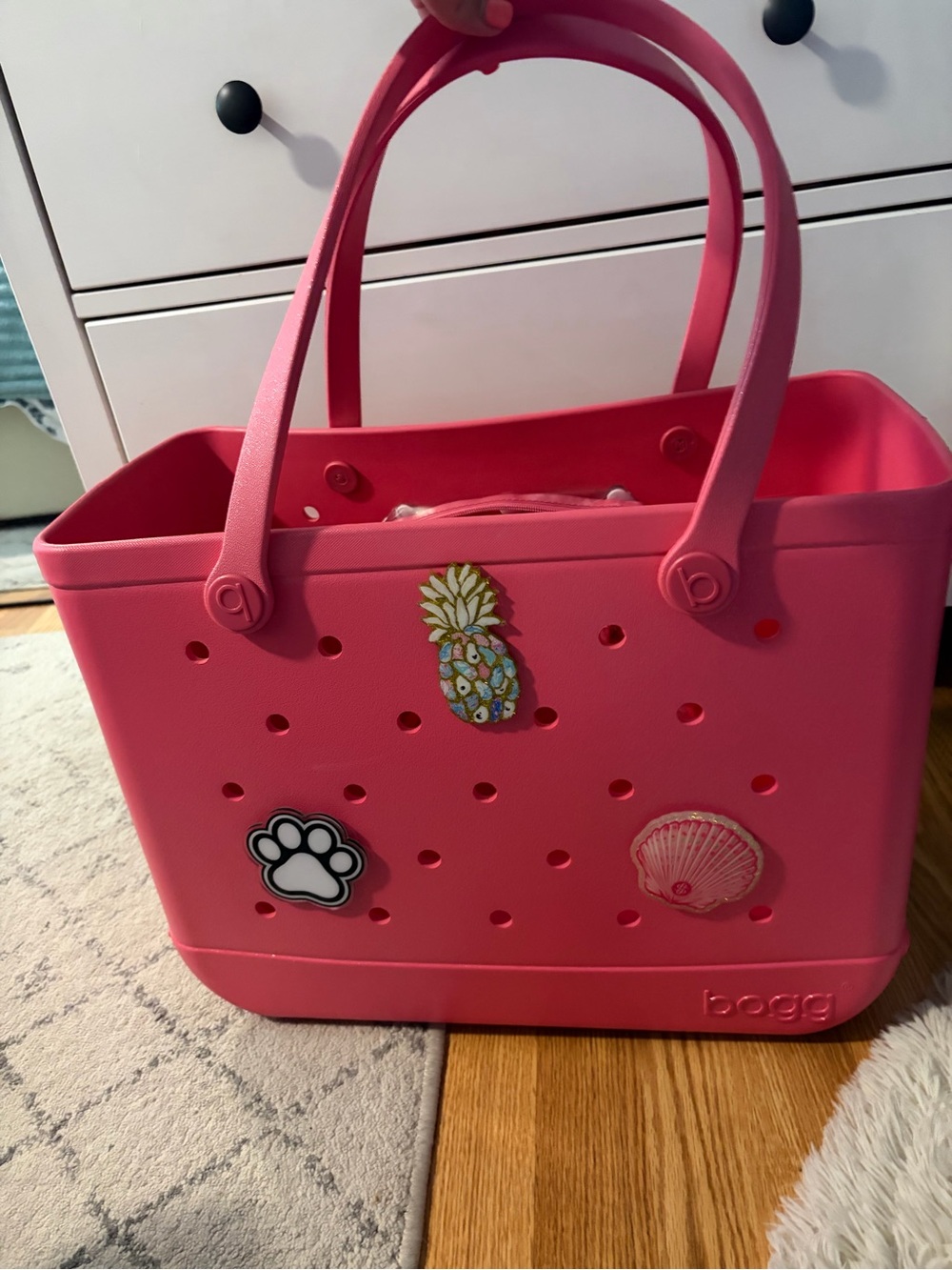 Bright Pink Shimmer Bogg Bag Tote with Charms
